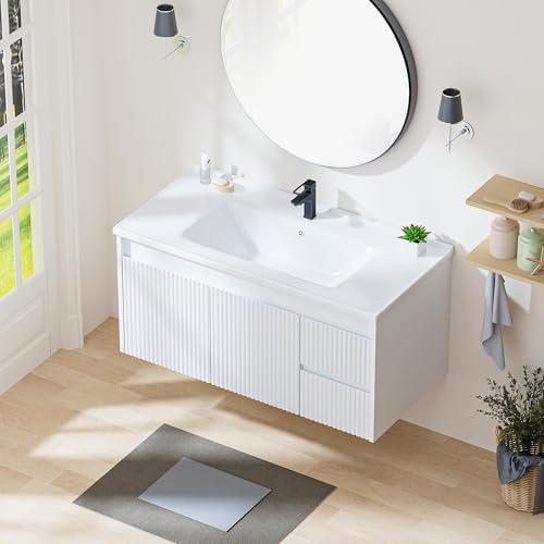 Smhxo Floating Bathroom Vanity with Sink, 40 Inch Wall Mounted Bathroom Vanity with 2 Drawers and Wave-Carved Design Door, Modern Wooden Cabinet with Ceramic Sink and Storage, White