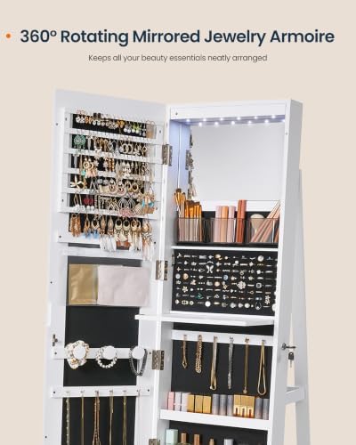 SONGMICS HOME Standing Jewelry Armoire, Full Length Mirror with Storage | Lockable Jewelry Cabinet with 6 LED Lights, Floor Mirror, Built-in Vanity, White Surface, Black Lining UJJC007W01SH