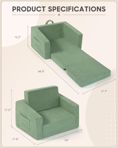 2-in-1 Kids Chair and Couch, Larger Cozy Corduroy Kids Sofa, Green