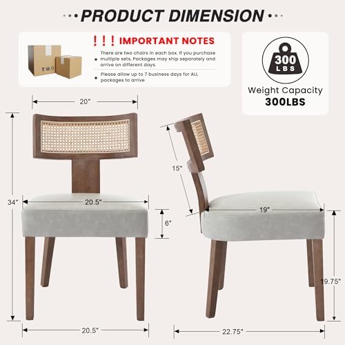 HNY Mid Century Modern Rattan Dining Chairs Set of 6, Farmhouse PU Leather Upholstered Accent Chair Curved Backrest Kitchen Chairs, with Hardwood Frame, Grey