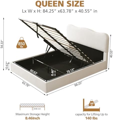 VELOCAVA Queen Size Lift-Up Storage Bed, Upholstered Boucle Bed with Curved Headboard, Rounded Corners, Sturdy Wooden Slat Support, No Box Spring Needed, Easy Assembly, Cream White