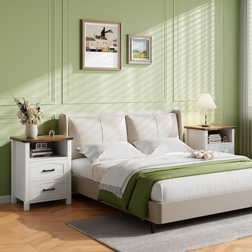 Decofy Farmhouse Nightstand with Charging Station, 2 Drawers