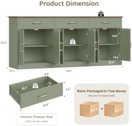 HOSTACK 71" W Kitchen Sideboard Buffet Cabinet with Storage, Green/Brown