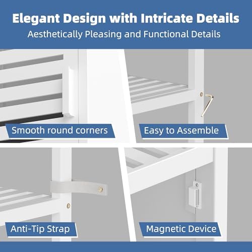 HITNET Bathroom Tall Cabinet, Floor Standing Bamboo Storage Cabinet with 6 Shelves and Shutter Door for Kitchen Living Room, White