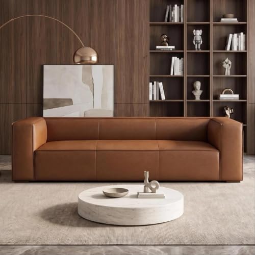 90.94-Inch Cognac Tan Faux Leather Sofa, Modern 3-Seater Couch