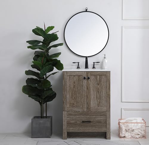 24" Pre-Assembled Bathroom Vanity with Sink, Engineered Wood, Ivory White Engineered Marble Countertop Attached, Single Rectangle Porcelain Sink, 1 Soft-Close Drawers, Weathered Oak