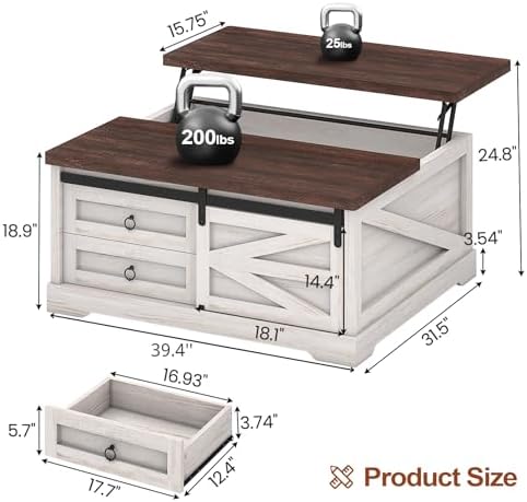 Itaar 39.4'' Lift Top Coffee Table with Storage, Farmhouse Coffee Tables for Living Room, Square Coffee Table with Large Hidden Compartment & 2 Drawers & Adjustable Shelves, Vintage White+Walnut