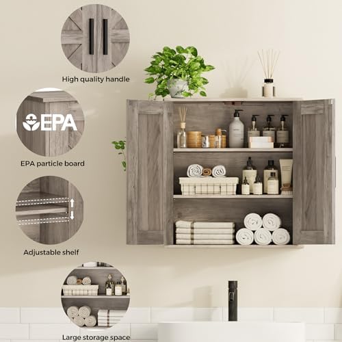 Homleke Bathroom Wall Cabinet, Medicine Cabinet with Adjustable Shelves | 3-Tier Wall Mounted Over Toilet Storage with Barn Doors, for Bathroom, Kitchen, Entryway, Laundry Room, Greige, (7.9" D)