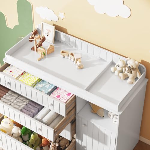 White Changing Table Dresser with 4 Drawers, Baby Nursery Diaper Table