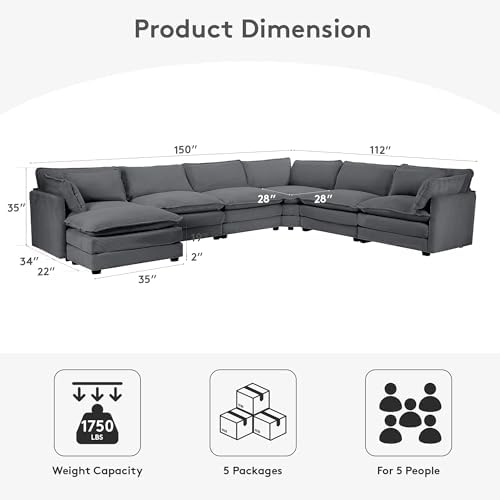 ROWHY 150'' Modular Sectional Corner Cloud Couch, 7 Seater Sofa Big Comfy Corduroy V Shaped Couch with 4 Throw Pillows, Movable Ottoman, Couches for Living Room Office Dark Grey