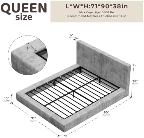 RECCI AirFrame Queen Upholstered Bed Frame with Plush Padded Headboard