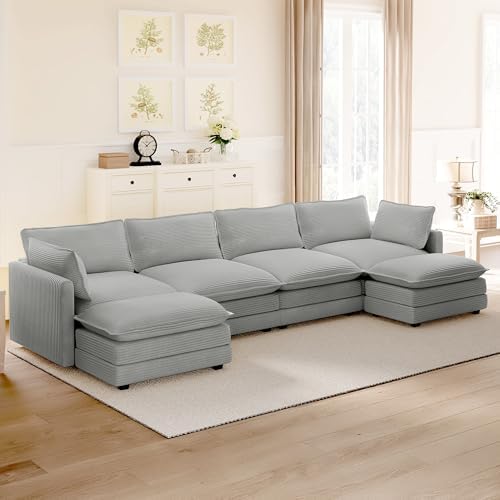 ROWHY 148'' Modular Sectional Cloud Couch with 2 Movable Ottomans, Oversized 6 Seat Modern Corduroy Sofas, Deep Seat U Shaped Couch for Living Room Bedroom Apartment, Light Grey