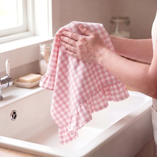HunnmingRe 2 Pcs Light Pink Gingham Kitchen Towels Cotton Ruffled