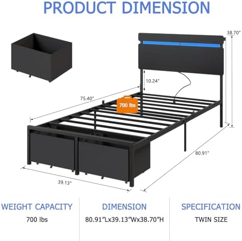 Forestell Twin Bed Frame with Wood Headboard,2 Storage Drawers & Shelf
