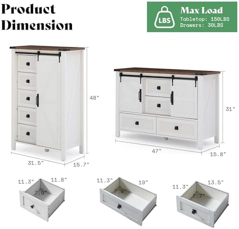 AMERLIFE 5-Piece White Bedroom Set with Dresser, 2 Nightstands, 2 Cabinets