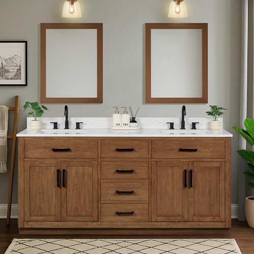 72-inch Dark Walnut Bathroom Vanity with 2 Sinks, Solid Wood, 0.79-inch Stone Countertop and Backsplash, 6 Drawers, 4 Soft Closing Doors