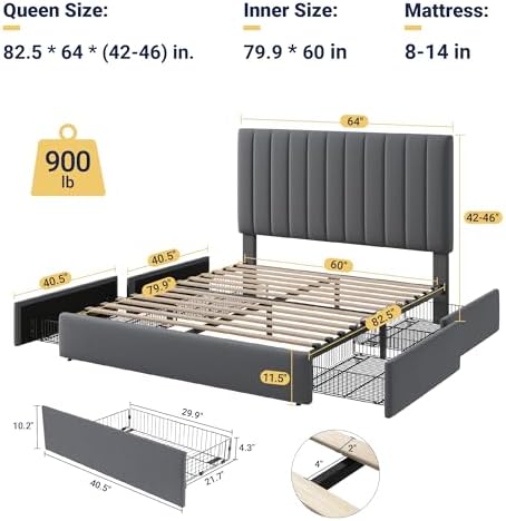 Allewie Queen Size Storage Bed Frame, Vertical Channel Tufted Adjustable Headboard, Velvet Upholstered Platform Bed with 4 Oversized Underbed Drawers, Wooden Slats Support, No Box Spring Needed, Grey