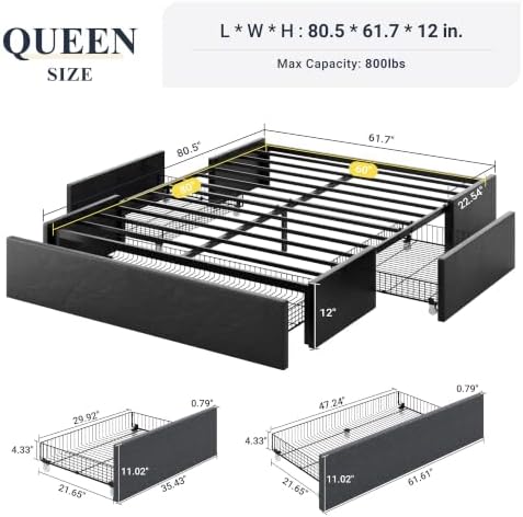 Allewie Queen Size Platform Storage Bed Frame with 3 Drawers, Black