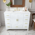 Montary 42" Bathroom Vanity with Sink & 43" Carrara White Quartz Top with 3 Pre-Drilled Faucet Holes, Solid Wood Cabinet, Soft-Close Double Doors & 9 Smooth-Glide Drawers,White