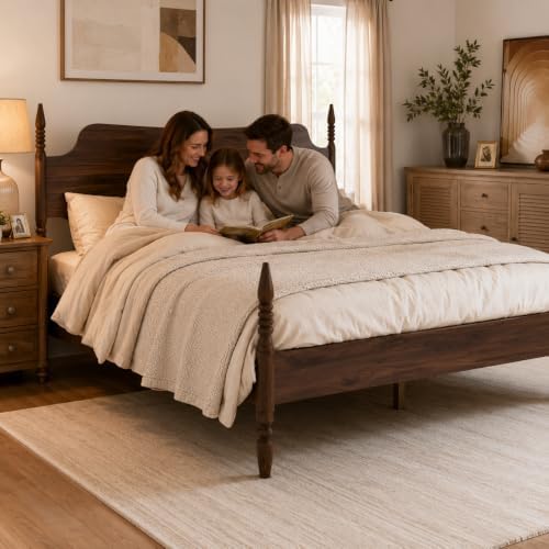 King Size Wood Platform Bed Frame with Tall Curved Headboard, Retro Four-Poster Spindle Bed with Solid Rubberwood Posts and Legs, No Box Spring Needed, Walnut Finish