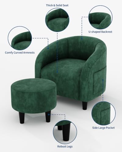 GarveeHome Accent Chair with Ottoman, Velvet Barrel Chair, Luxury Accent Armchair with Footstool for Reading Room Bedroom, Retro Green
