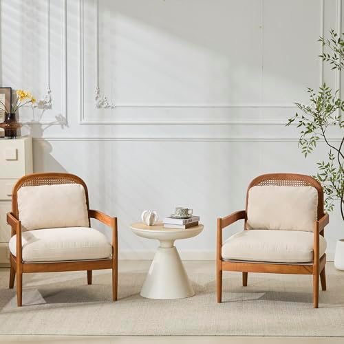 Christopher Knight Home Nadine Accent Chairs Set of 2, Wooden Club Chair, Rattan Open Back Armchair, Accent Reading Sofa Chair with Cushions, Club Chairs Set of 2 for Living Room Bedroom, Beige+Teak