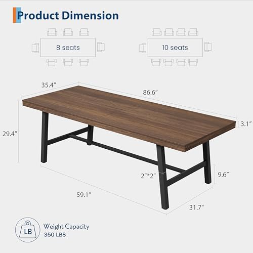 Garvee 87" Heavy Duty Kitchen Table, 10 Person Dining Table, Brown