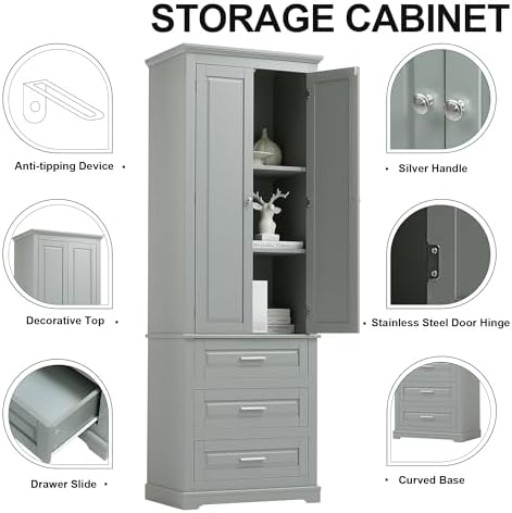 Polibi Tall Storage Cabinet with 3 Drawers, 3-Tier Adjustable Shelves & 2 Doors, Floor Freestanding Linen Cabinet for Bathroom, Living Room, Grey