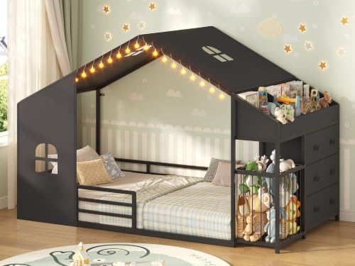 UPOSOJA Montessori Twin Size Floor Bed, House Shape Bed, Tent, Children's Night Light, Toy Storage Cabinets, Drawer, Picture Book Section for Kids Teens Girls Boys