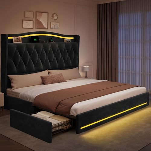 DWVO King Size Bed Frame with 4 Storage Drawers and RGB LED Lights
