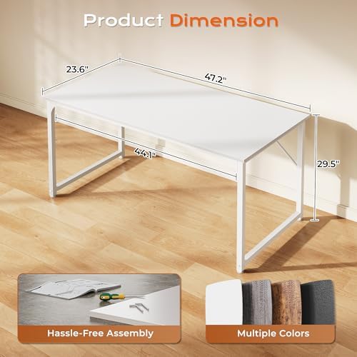 PRAISUN 48 X 24 Inch Computer Desk with Deeper Desktop, Gaming Office Writing Work Desk for Home Office, Study, Bedroom, Work from Home, Metal Frame, White