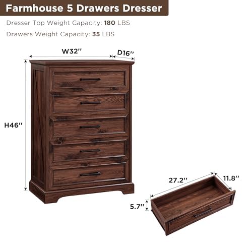 ACCOHOHO Farmhouse 5 Drawers Dresser Chests for Bedroom, Brown