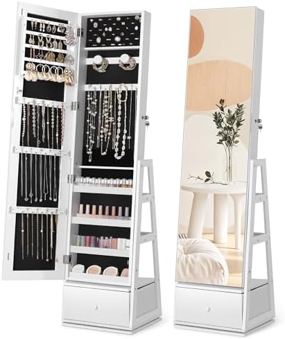 Nicetree 360° Swivel Jewelry Cabinet, Full Length Mirror, Lockable | Rotatable Jewelry Armoire Organizer, Standing Mirror with Storage, 3 Rear Shelves + Bottom Drawer, Gift Idea, Pure White