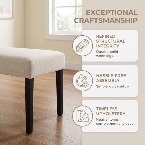 HNY Farmhouse Upholstered Dining Bench Seat Set of 2, 45" Linen Fabric Entryway Bench with Black Wood Legs, Mid Century Modern End of Bed Bench for Kitchen Bedroom Living Room Hallway, Beige