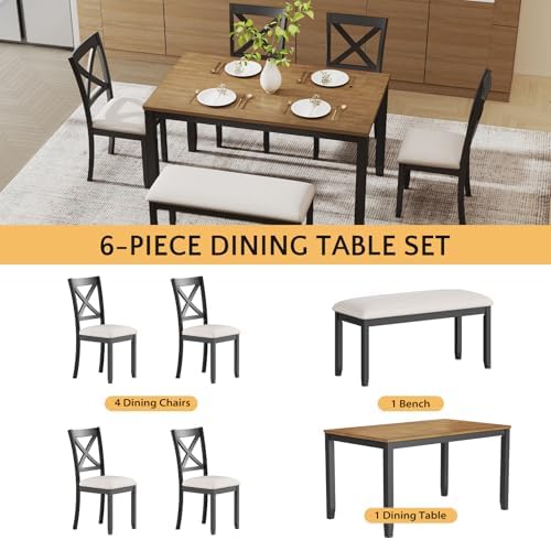 Zevemomo 6-Piece Solid Wood Dining Table Set, Farmhouse Wooden Legs, Black