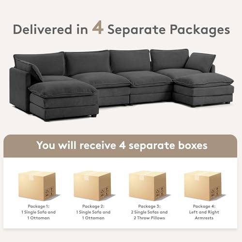 ROWHY 148'' Modular Sectional Cloud Couch with 2 Movable Ottomans, Oversized 6 Seat Modern Corduroy Sofas, Deep Seat U Shaped Couch for Living Room Bedroom Apartment,Dark Grey