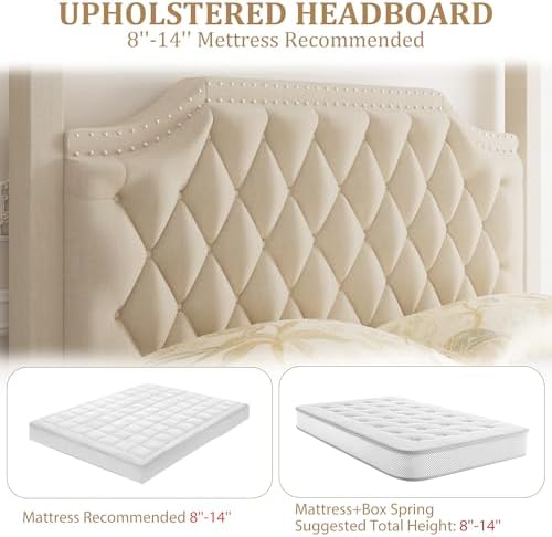 IDEALHOUSE Queen Size Canopy Bed Frame with Nailhead Decoration Headboard