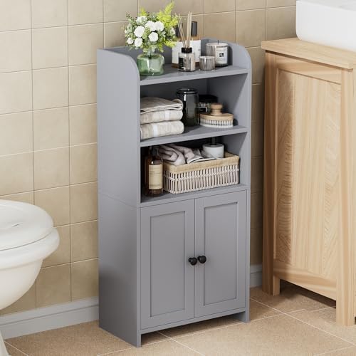 Homhedy Small Bathroom Storage Cabinet, Toilet Paper Storage Cabinet | Bathroom Floor Cabinet with Doors and Shelves, Bathroom Organizers for Small Spaces, 7.9" D x 14.6" W x 31" H, Gray