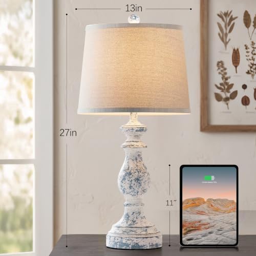 PARTPHONER Traditional Table Lamp Set of 2, Rustic Farmhouse Table Lamps for Living Room Bedroom, 27" Bedside Desk Lamps Vintage Nightstand Lamps with Linen Shades, Washed Blue
