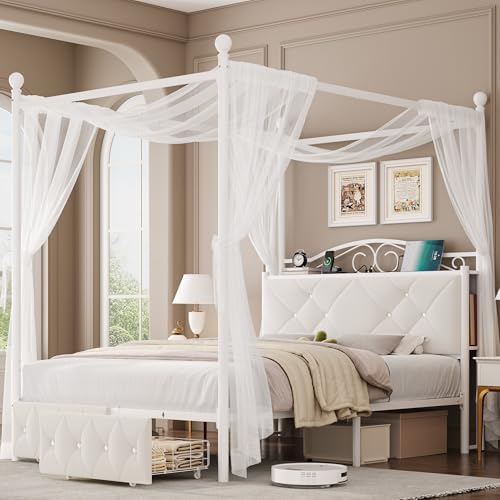Queen Upholstered Canopy Bed Frame with 2 Drawers & Crystal Tufted Storage Headboard Metal Platform Bed with Charging Station & 4 Removable Posts No Box Spring Needed Curtain Not Included, Beige