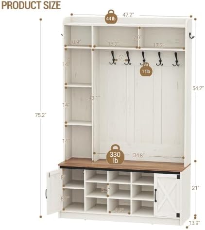 Hzuaneri 47.2" Hall Tree, LED Farmhouse Entryway Storage and Coat Rack Wood, Entryway Furniture with 7 Hooks, Hall Tree with Bench and Storage, 6 Storages Partitions Shoe Bench, Rustic White HT24514X