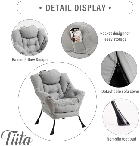 Tiita Lazy Chair with Ottoman, Comfy Reading Accent Chair, Light Grey