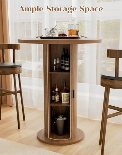 Bar Table with Storage and Sliding Door, 39.4” H 31.5” W Small Round Kitchen Table, Home Bar High Top Cocktail Table for Kitchen, Coffee Bar, Living Room, Walnut