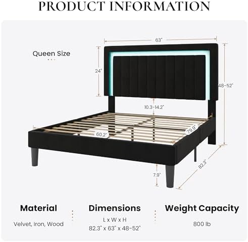 SHA CERLIN Queen Size Velvet Bed Frame with LED Light, Black
