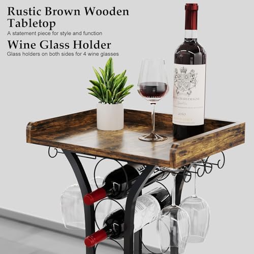 X-cosrack Wine Rack Freestanding Floor, Mini Bar Table Wine Holder Stand Liquor Cabinet with Glass Holder Wood Tabletop 14 Bottles Floor Wine Storage for Home Bar Kitchen Living Room