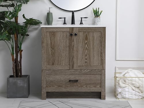 30" Pre-Assembled Bathroom Vanity with Sink, Engineered Wood, Ivory White Engineered Marble Countertop Attached, Single Rectangle Porcelain Sink, 1 Soft-Close Drawers, Weathered Oak