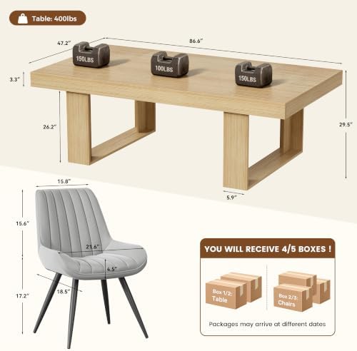 Miereirl 9-Piece Modern Farmhouse Dining Table Set, 86.6" x 47.2" Sturdy Stable Dining Table with 8 Chairs, Rectangular Kitchen Table Set for 8,(Natura Table+8 Grey Chairs)