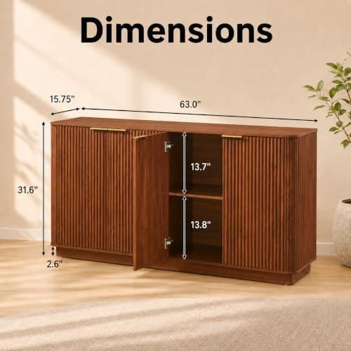 USHOWER 63" Fluted Buffet Cabinet with Storage, Wooden Sideboard, Walnut