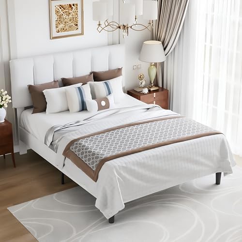 VECELO Queen Size Bed Frame with Upholstered Headboard, Pure White