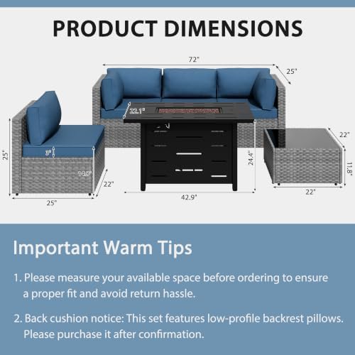 Shintenchi 6 Piece Outdoor Patio Furniture Set with 43 Inch Propane Fire Pit, Washable Cushions, Glass Coffee Table, Waterproof Cover & CSA Certified for Backyard Poolside, Silver PE Rattan/Navy Blue